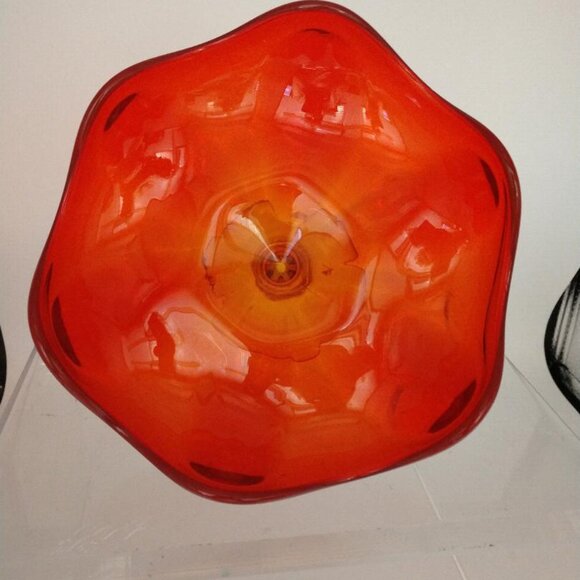 Viking 6 Petal Compote, 60s MCM Epic Line Amberina Pedestal Bowl, Orange Art - Picture 3 of 8